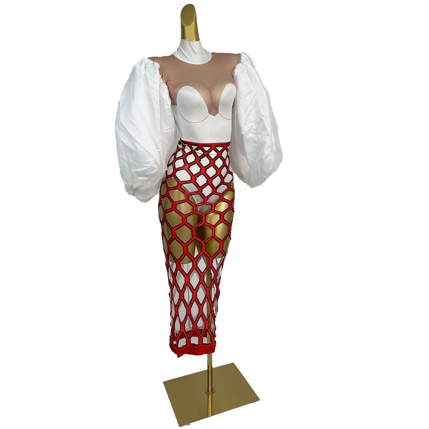 Hongfushi vestido feminino de malha vermelha com mangas bolha celebridade tapete vermelho pista moda saia apertada design de festa à noite