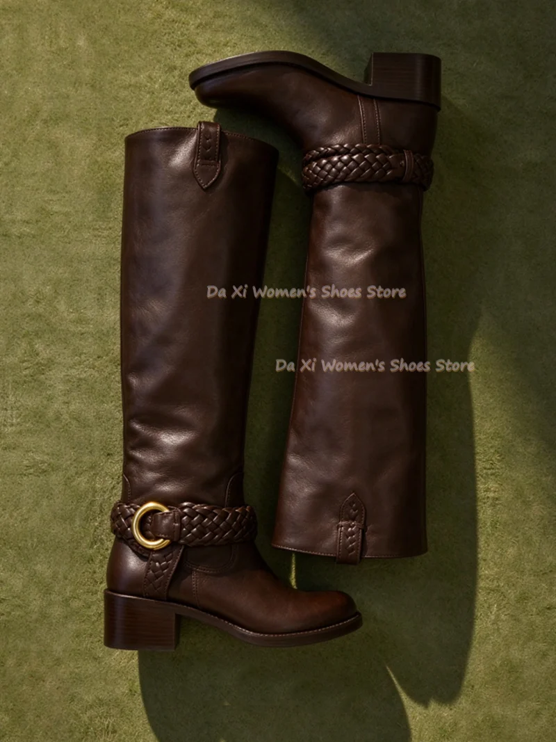 Women Dark Brown Knee High Riding Boots Round Toe Low Block Heel Braided Strap With Gold Ring Buckle Vintage Faux Knight Boots