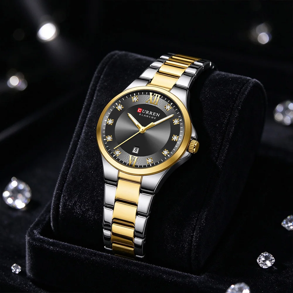CURREN 9107 Elegant Ladies Quartz Watch Luxury Two-Tone Golden Silvery Rhinestone Dial Luminous Hands Date Stainless Steel Strap