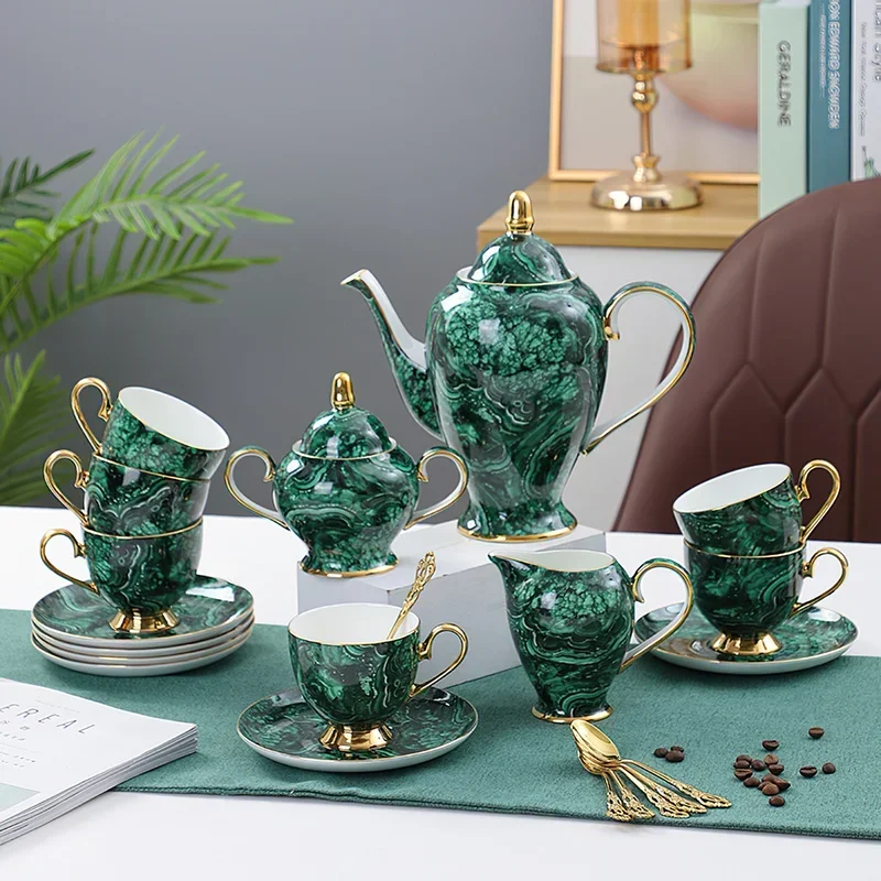 Bone China Teapot Drinkware Green Gold Inlay Coffee Cup Europe Ceramic Sugar Bowl Creamer Coffee Tea Water Mug Coffeeware