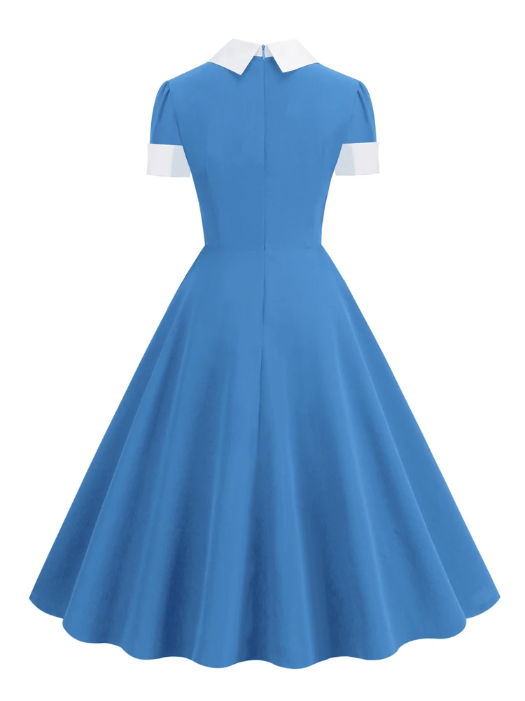 Turn Down Collar Bow Front Navy Blue Summer Dresses for Women Formal Occasion Vintage Style Elegant Dress