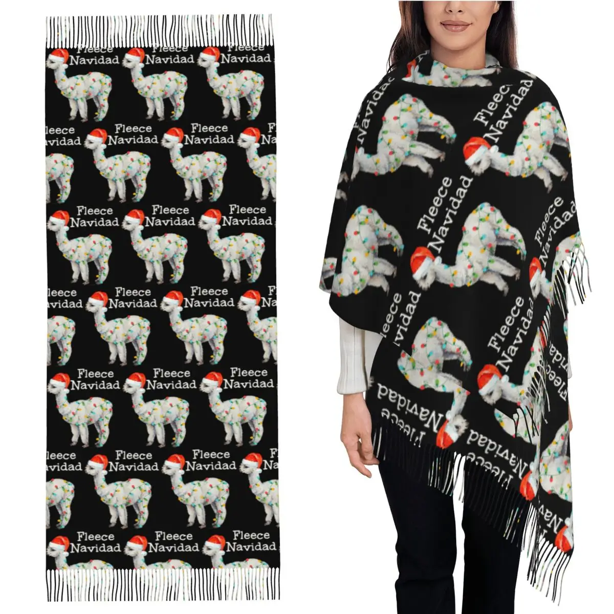 

Fleece Feliz Navidad Llama Christmas Matching Family Scarf Tassel Scarves Women Shawls and Wraps Large Fall Winter Shawl Wrap