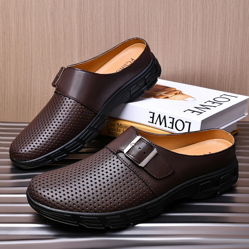 

Luxury Brand Loafers Hollow Out Genuine Leather Men Shoes Breathable Slippers Slip on Sandals Outdoor Driving Shoes Plus Size 48