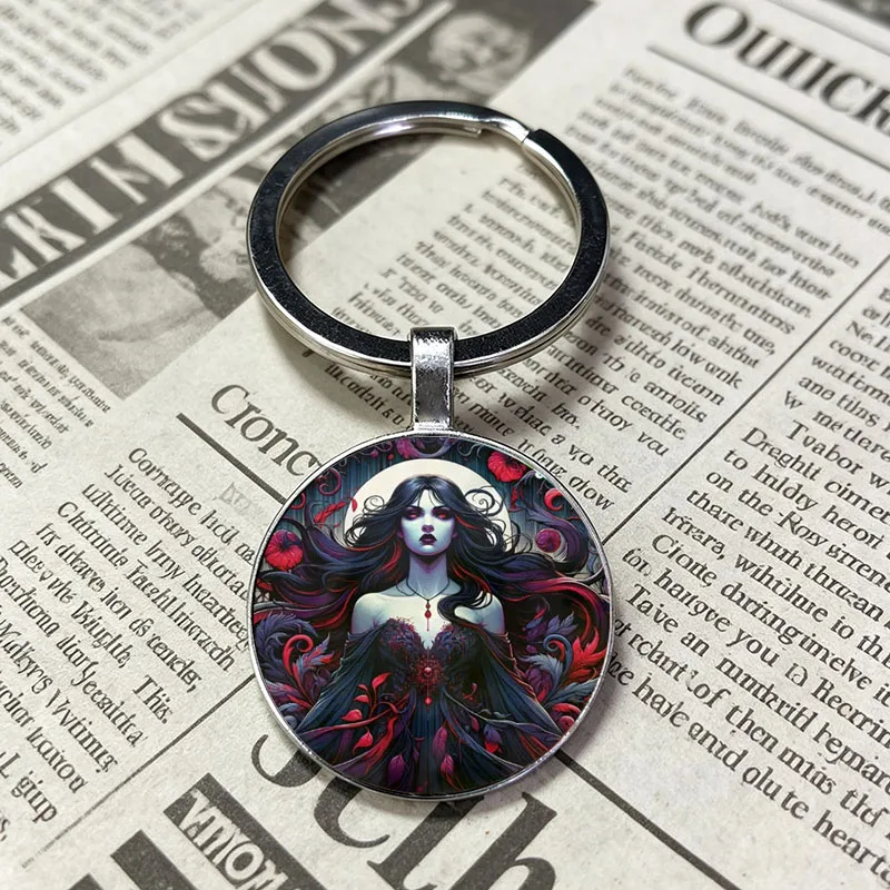 Popular Vampire Lady Red Floral Stained Glass Round Keychain, Dark Beauty Halloween Glass Cabochon Metal Key Ring