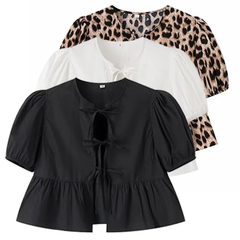 HXAO Women's Shirt Summer 2024 Shirts & Blouses White Black Leopard Shirt Frill Loose Fit Top Short Sleeve Crop Lace-Up Blouses