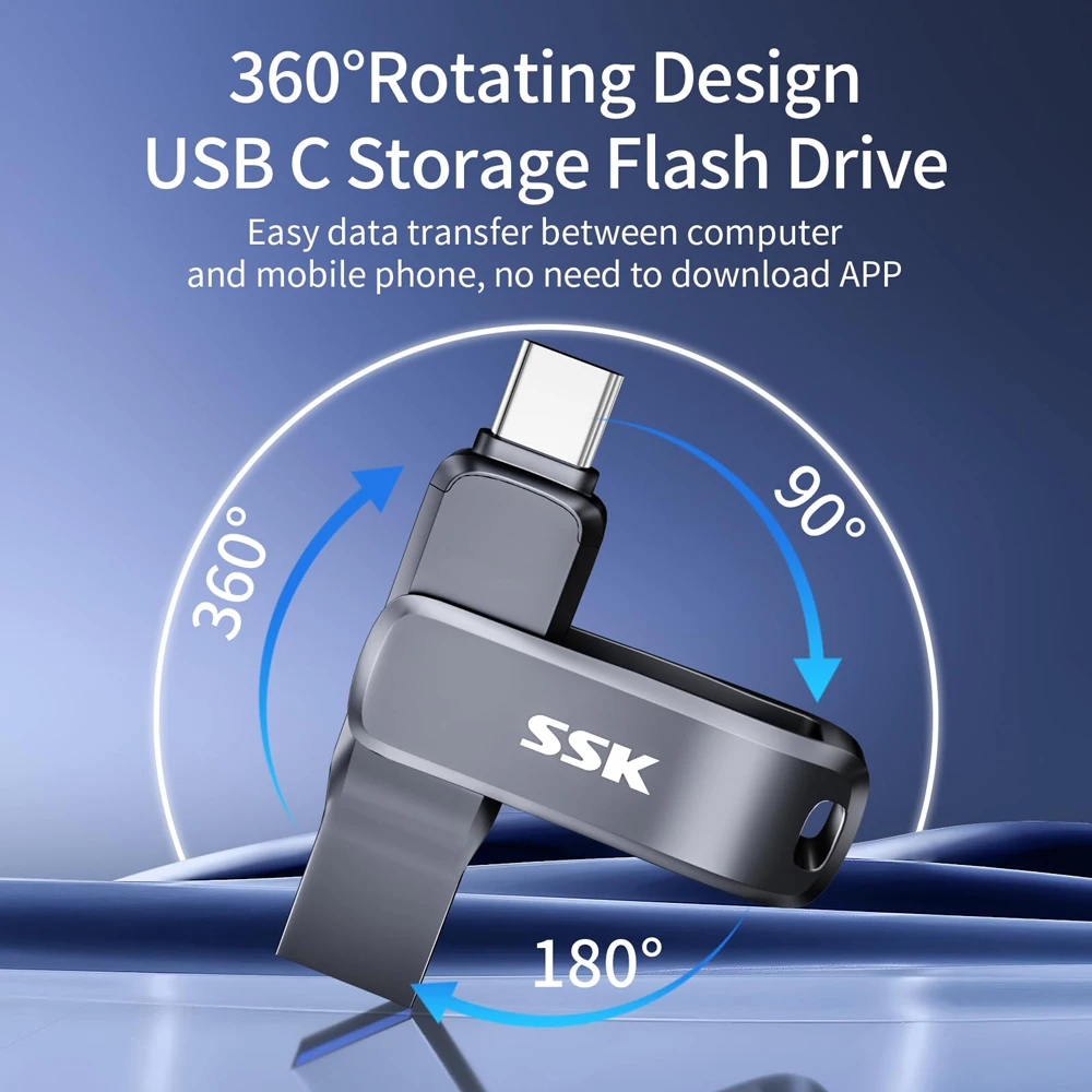 SSK Dual USB Flash Drive 256GB USB 3.2 Thumb Drive with USB Type-C and USB A USB Memory Stick for Smartphones Tablets Mac Laptop
