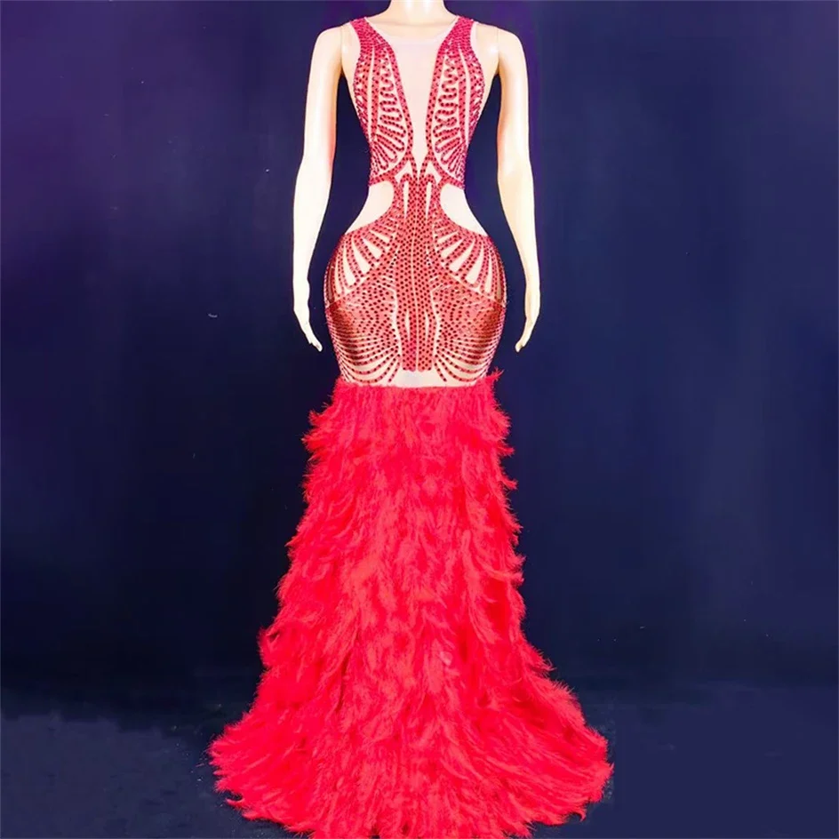 

7 Colors Sparkling Diamonds Grand Feather Floor-Length Sheath Dress Evening Party Celebrate Nightclub Party Bar Singer Costume