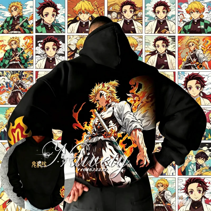 

Хит продаж 2026: Теплая хлопковая толстовка Demon Slayer Rengoku (Корпус истребителей демонов) для мужчин, женщин и детей, модная парная и семейная модель