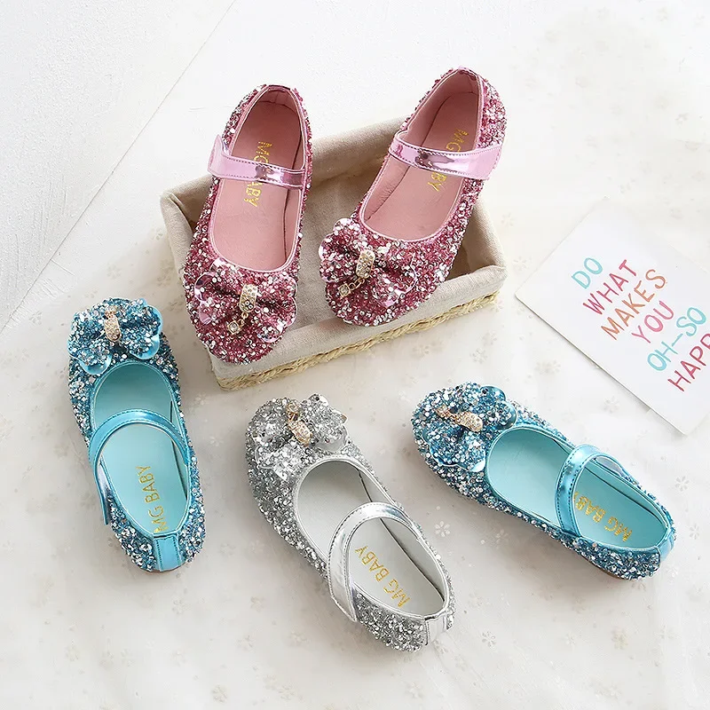 Fashion Girls Shoes Kids Flats Shoes Sequins Rhinestone Princess With Butterfly-Knot Flats Shoes For Students New Autumn 2022