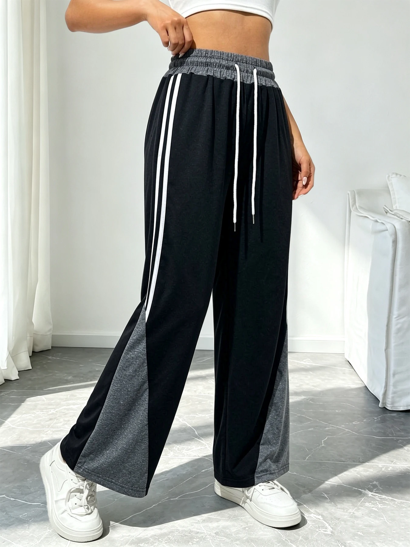 Women's Casual Workout Trousers, Side Stripe Wide-Leg Pants, Casual Baggy Drawstring Sweatpants, Women's Pants Trend Fashion