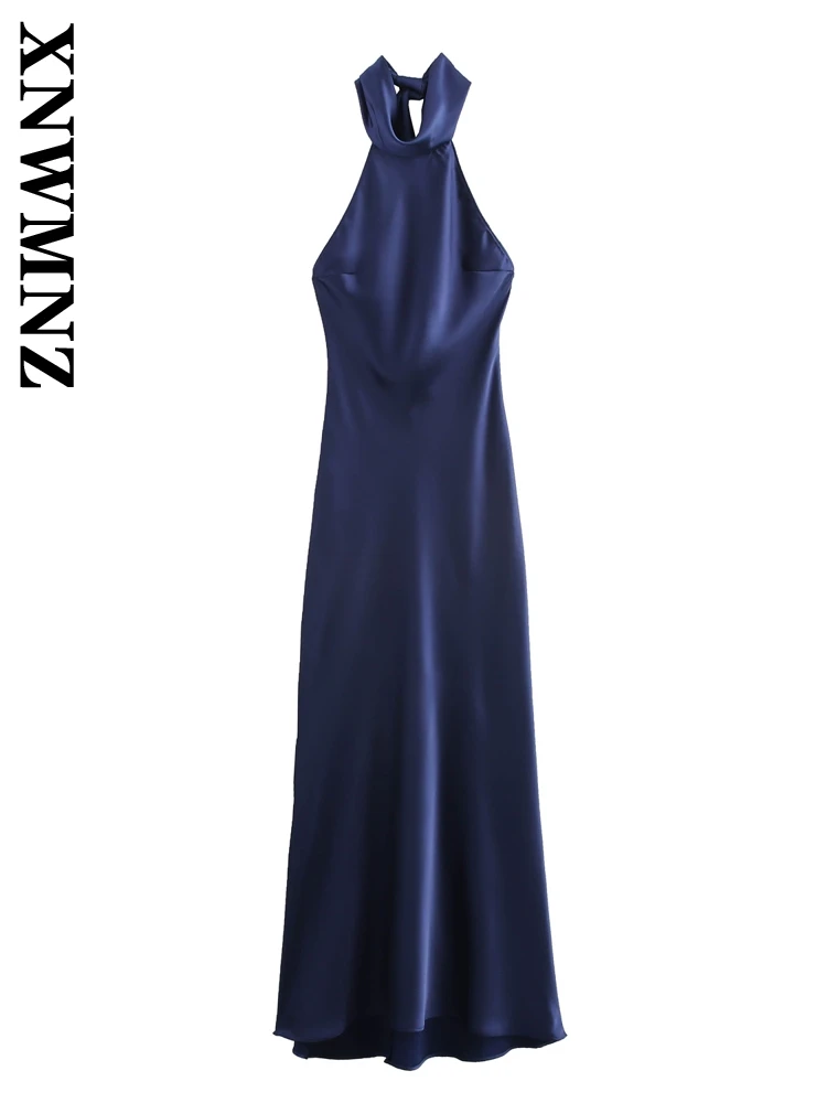 XNWMNZ 2024 Woman's Party Sleeveless Satin Maxi Skirt Dress Evening Party Female Long Length Dresses Regular Fit Halter Collar