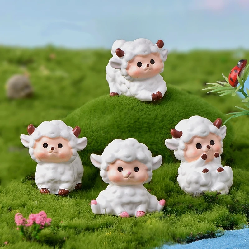 10pcs New Resin Cartoon Sheep Statue Micro Landscape Ornaments Fairy Garden 3D White Sheep Miniature Figurines Craft Decoration