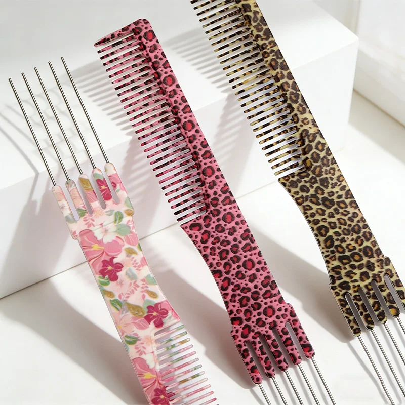 Steel Pin Highlight 5-Needle Weaving Comb, Dye Rat Tail Comb, Salon Styling Tool, Floral & Leopard Patterns