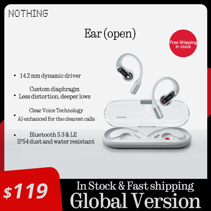 Global Versio  Original Nothing Ear (Open) Open-Ear Earphone Bluetooth 5.3 Customizable EQ IP54 Waterproof ChatGPT EarBuds