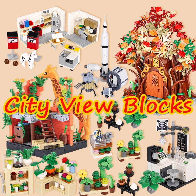 

MOC City Street Фигурка Мебель для дома Строительный блок Кухонная сцена Устройство для домашних животных Мусорное ведро Барная стойка Игра Корабль Модель Кирпич Игрушка
