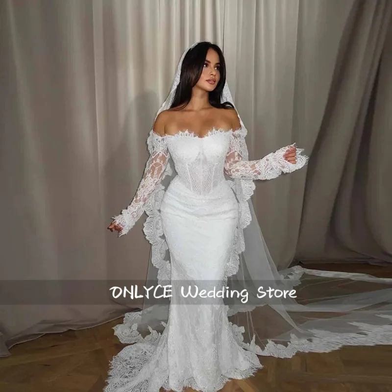 Customized Mermaid Off Shoulder Lace Wedding Dress Exquisite Appliques Sweetheart Long Sleeves Bridal Gown Vestidos De Novia