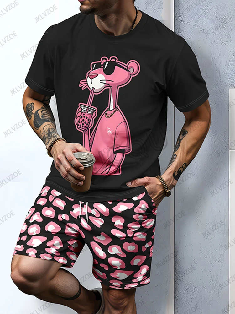 

Men's Tracksuit Pink Panther Print Short Sleeve T-shirt+Shorts Sets Sports Summer Casual Suit Streetwear Kids/Adult 2 Piece Sets