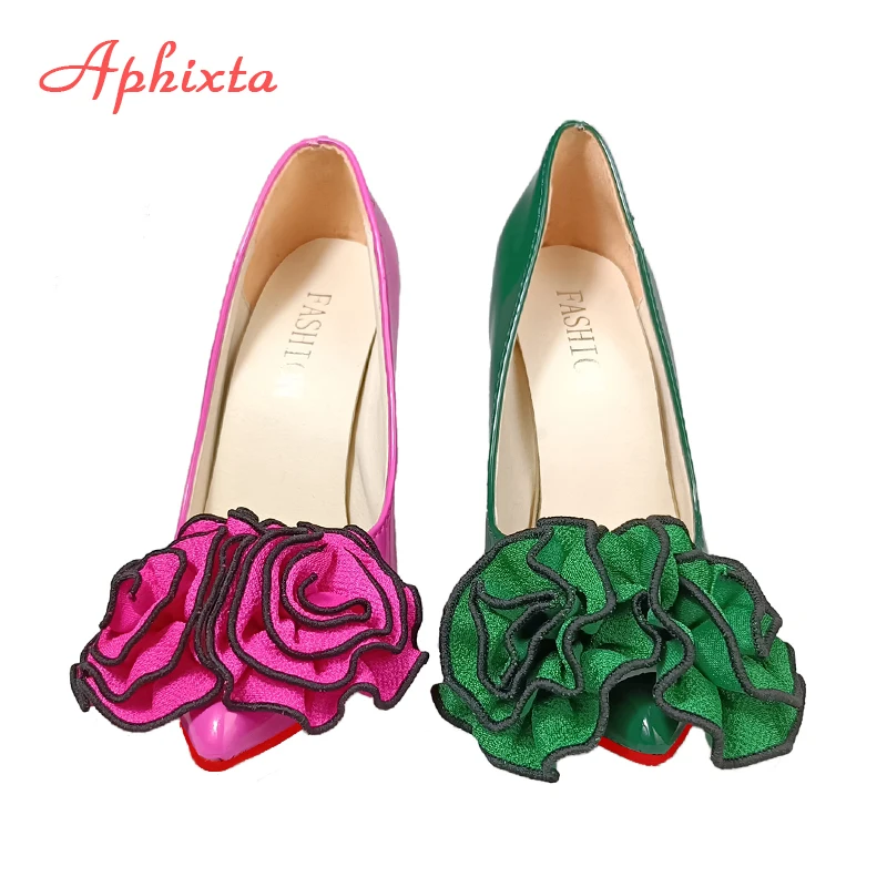 Aphixta Dark Green 12cm Stiletto Heels Women Pumps Rose Flowers Appliques Work Student Size Colorful Party Shoes Big Size 33-50