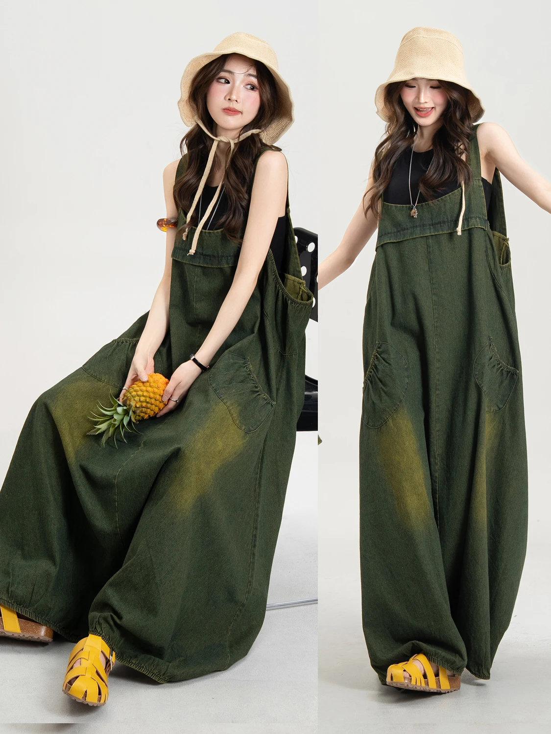 

Retro Distressed Wide Leg Jumpsuit Women's Summer Loose Casual Lantern Strap Pants High Waist Denim Soft Cotton Breathable