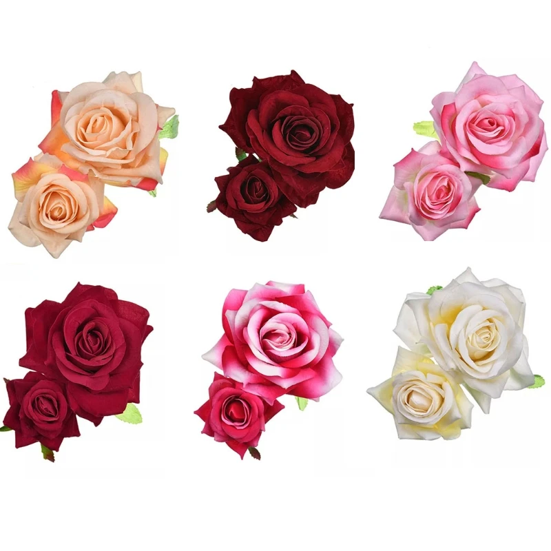 Y1UB Handmade Double Rose Flower Hair Clip Women Girls Wedding Flamenco Dancer Hairpins Bridal Bridesmaid Barrettes Hair