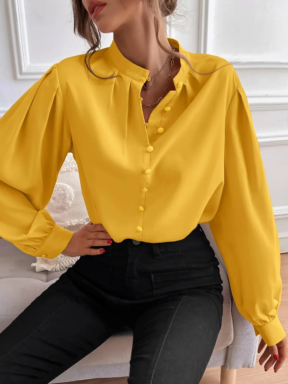 Jesienne eleganckie koszule zapinane na guziki z dekoltem w szpic dla kobiet z długim rękawem Office Casual Business Plain Blouses Tops