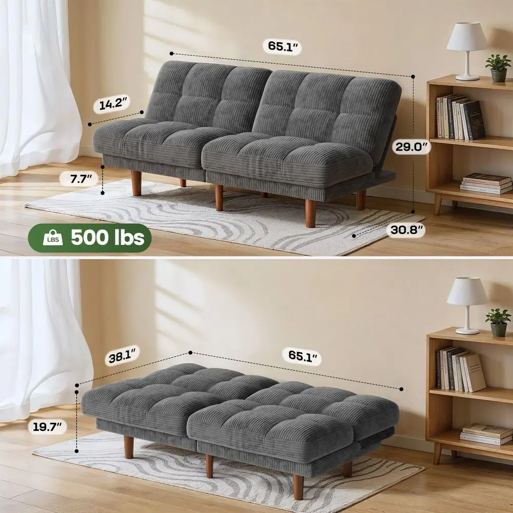 

65 Futon Sofa Bed, Convertible Small Recliner Sleeper Sofa Bed with Adjustable Backrest, Corduroy Loveseat Futon Couch for Smal