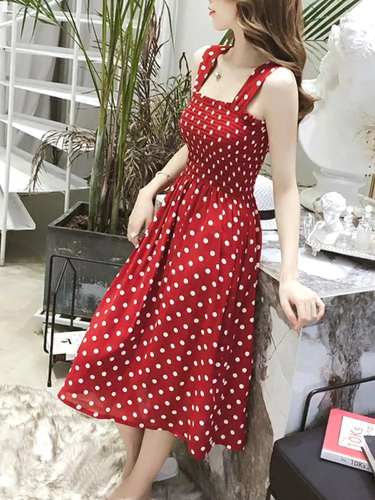 Summer 2026 Women's Polka Dot Strap Dress Fairy Slimming Midi Length Sweet Style Fashion Trend Sweet Style Midi Dress