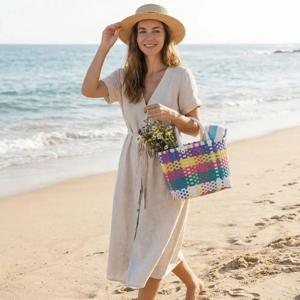 

Hollow Out PVC Vegetable Basket Bag Bohemian Style Waterproof Beach Tote Bag Vacation Style Large Capacity Plastic Handbag