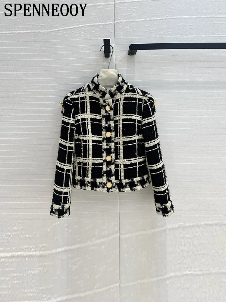 SPENNEOOY Fashion Runway Autumn Vintage Plaid Weave Jackets Women Stand Collar Single Breasted Straight Barrel Long Sleeve Coat