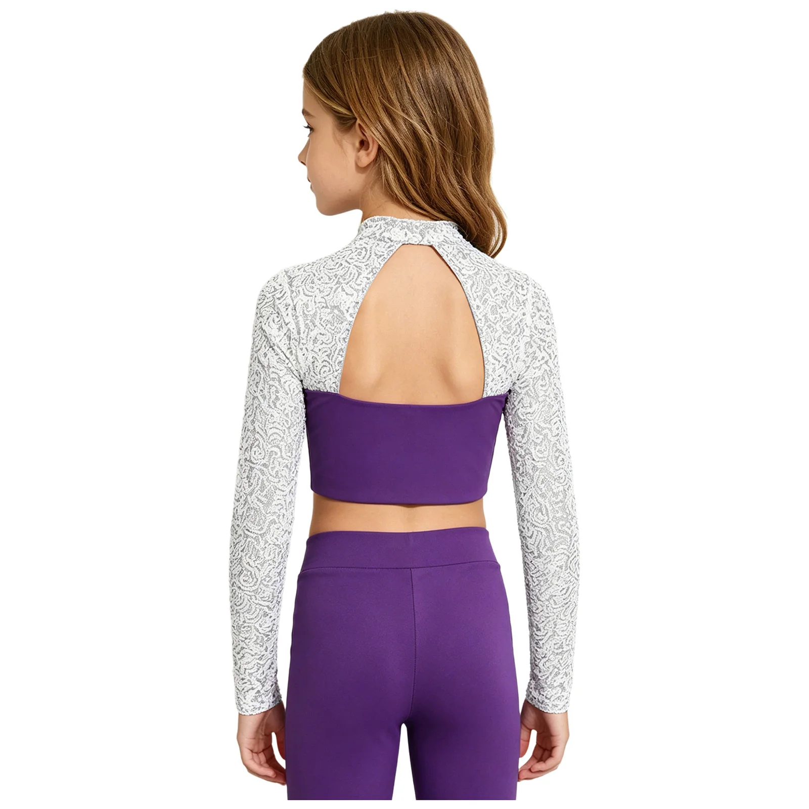 Children Girls Jazz Modern Dance Crop Top Ballet Figure Skating Gymnastics Hip Hop Costume Long Sleeve Shiny Sequins Shirt Tops