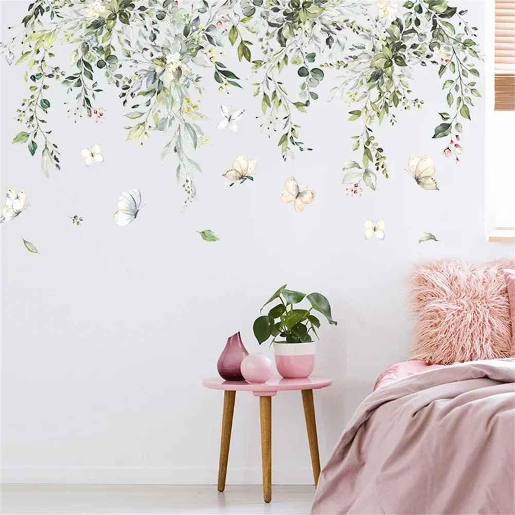 Green Leaf Butterfly Ivy Plant Wall Sticker Kids Room Nursery Art Mural Self-adhesive Bedroom Living Entrance Wall Decal Decor