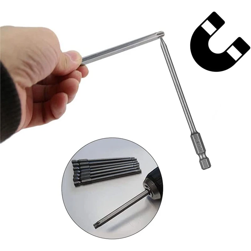 Set obeng Torx Bit, 21 buah Set Obeng Torx (100Mm), Set Bit T6-T40 panjang dengan magnetik, segi enam 1/4 inci