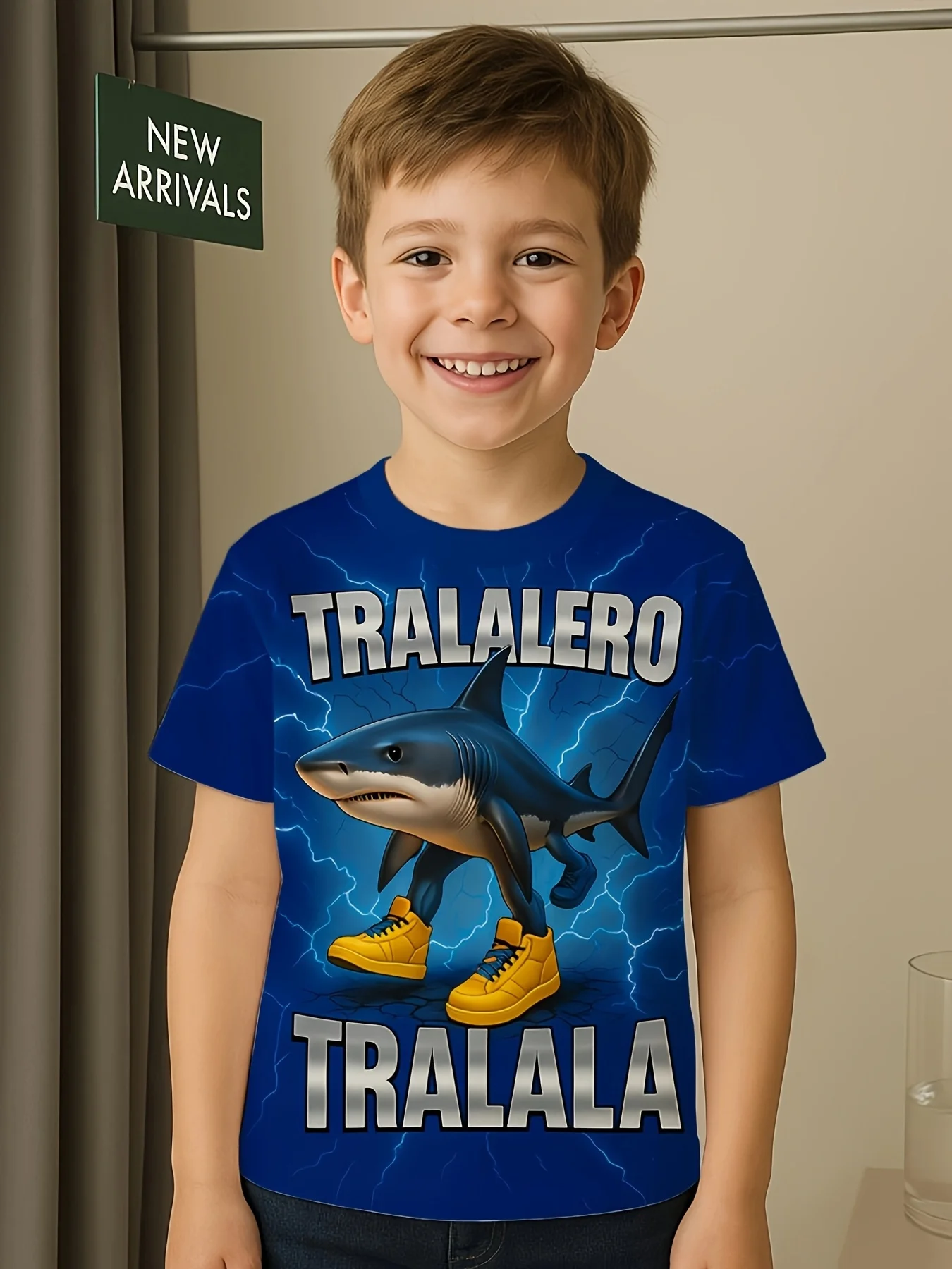 

Boys' Tralalero Shark T-Shirt, Shark & Sneaker Design, Breathable Crew Neck Short Sleeve, Tung Tung Prints, Summer