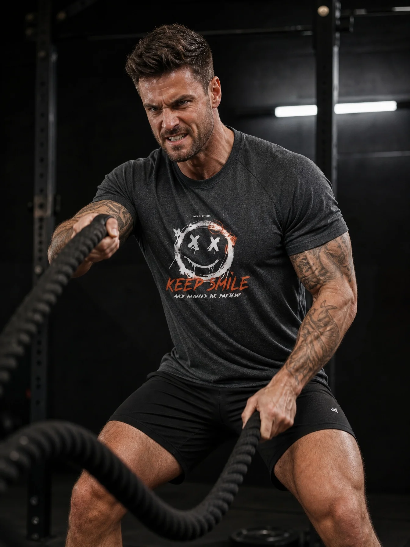 Keep Smile Smile Print Men's Silk T-Shirt -Lightweight,Stretchy,Suitable for Fitness,Cycling,Outdoor Activities and Daily Sports
