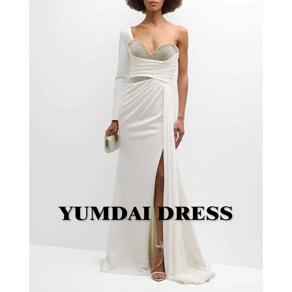 YUMDI Beige Single Shoulder Sleeve Mermaid Evening Gown For Women's Wedding Party High Slit Long Ball Dress With Chest Glitter