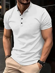 Vintage Solid Color Henley Shirt For Men Summer Fashion Button O Neck Ribbed T Shirt Mens New Fashion Slim Short Sleeve T-Shirts