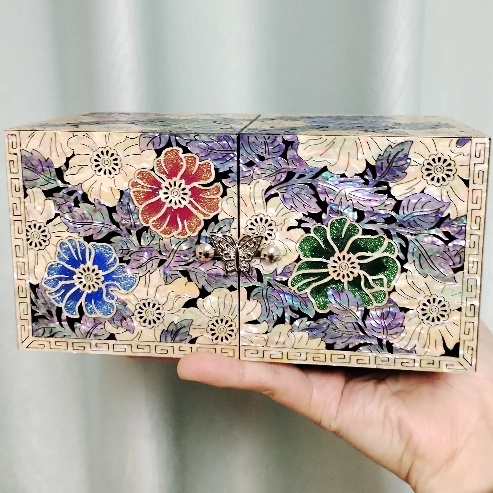 YAO Mother of Pearl Travel Lacquer Wood Drawer Jewelry Ring Earrings Chest Box Case Sea Shell Inlaid Wooden Cube Jewelry Organiz