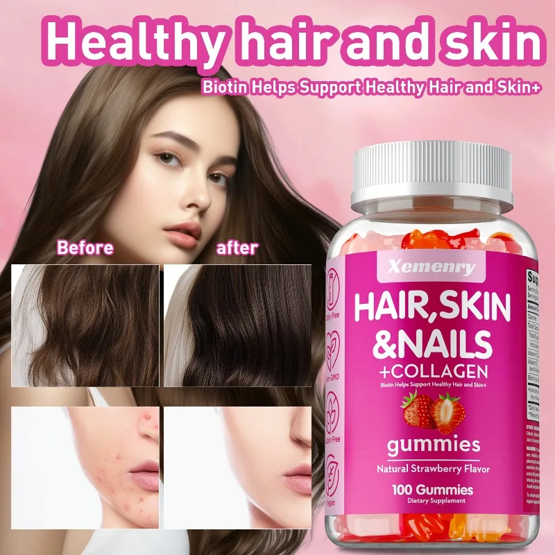 

Hair, Skin & Nails Gummies - Promote Hair Growth, Skin Care, Brighten Skin Tone, Hydrolyze Skin, Help Nail Bone Joints