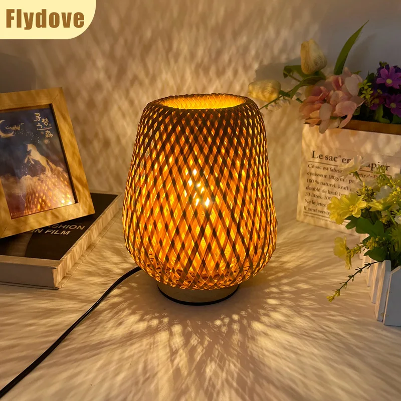 Ins Creative Retro LED Bamboo Weaving Table Lamp Restaurant Homestay Desk Decoration Atmosphere Projection Lighting Fixtures