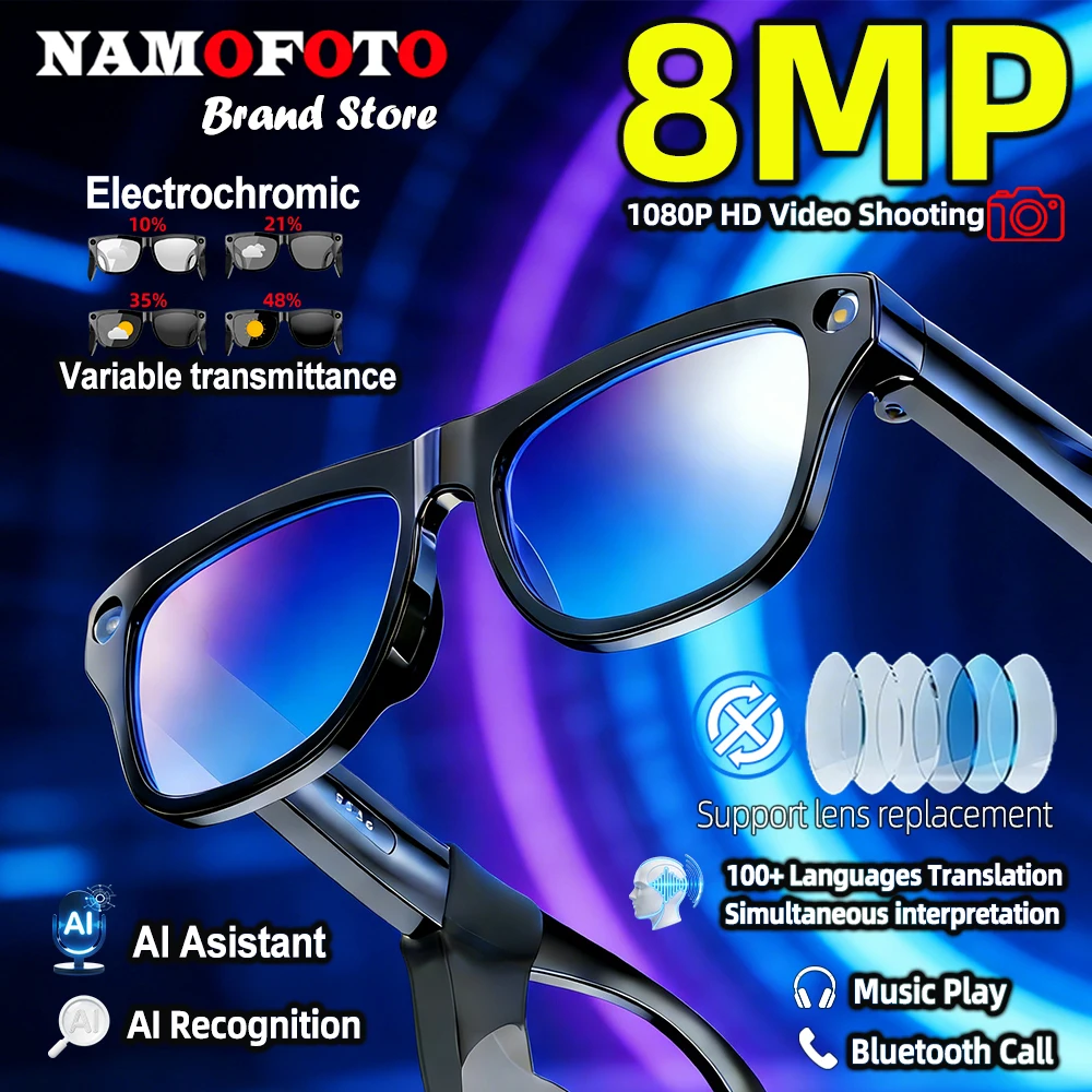 

AI Smart Glasses New Electrochromic 8MP HD Camera 1080P Video Record 100+ Languages Translation BT Call Music Play Sunglasses