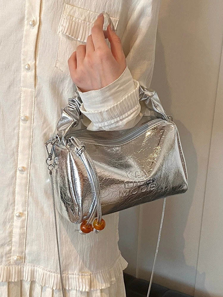 Shiny Silver Handbag For Women 2024 New Trendy  Versatile Chain Crossbody Bag Soft Face PU Tassel Square Bag Elegant Party Bag