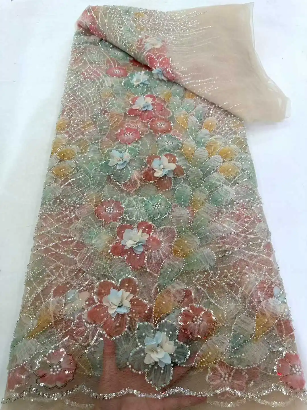 

New African Lace Fabric High Quality Nigerian French Embroidery Beads Sequins Net Lace Fabric 5 Yards For Wedding Dresses