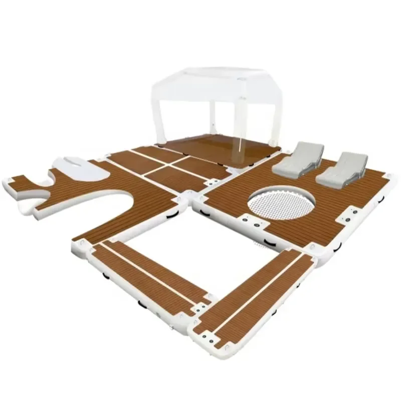 Inflatable Wave Club Floating Island W/ Canopy Air Loungers Round Splash Pool EVA Teak Deck Water Relaxing