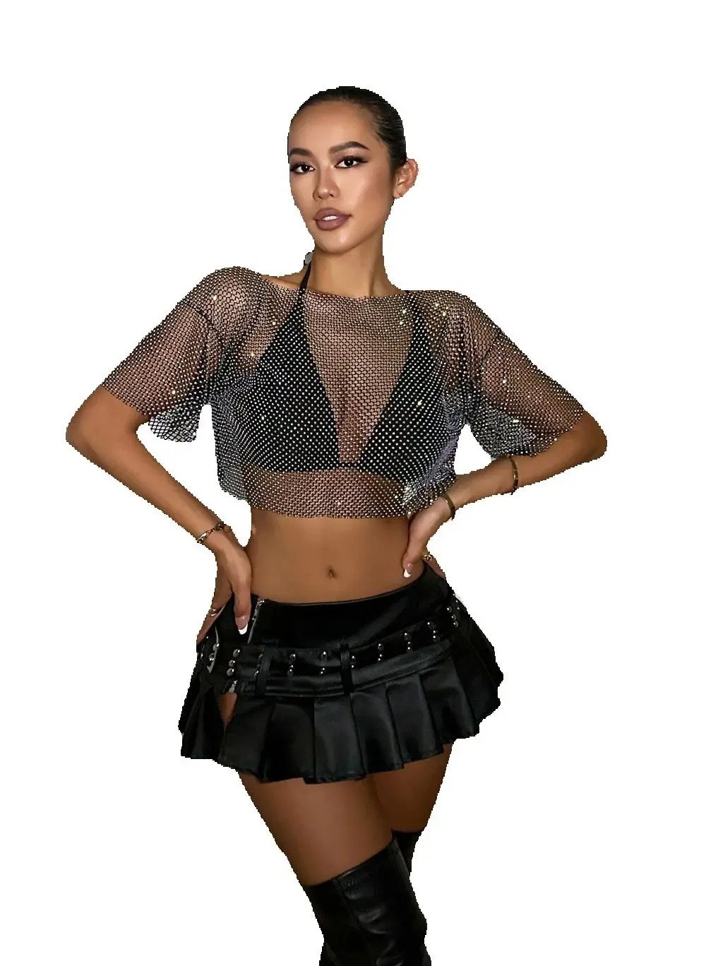 Shiny Rhinestone Mesh Tops For Women T Shirt Round Collar Short Sleeve Fishnet Slim Fit Cropped Navel Short Summer Girls