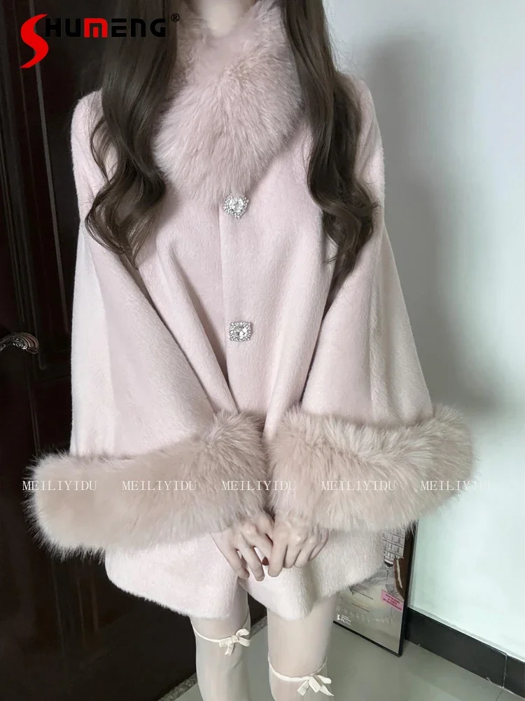 

Celebrity Pink Lolita Woolen Coat Women's Loose Elegant Single-breasted Fur Collar Cape Jackets Lady Overcoat Autumn and Winter