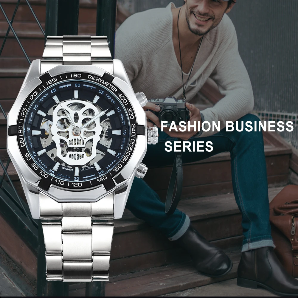 WINNER Sports Skeleton Mens Watch Fashion Skull Luminous Dial Silver Stainless Steel Strap Military Automatic Mechanical Watches