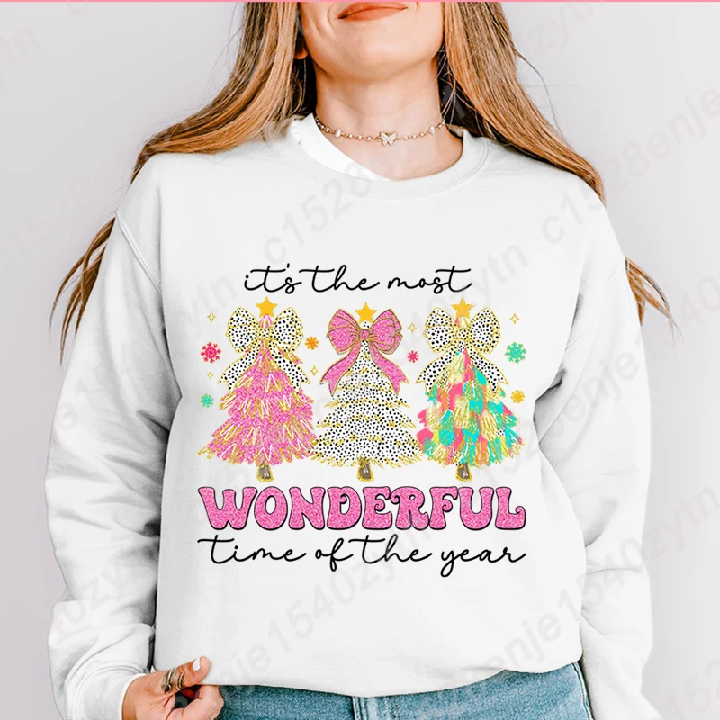 Christmas Tree It's The Most Wonderful Time Of The Year Print Pullover Women Casual Hoodless Sweatshirt Pure Color Crew Neck Top