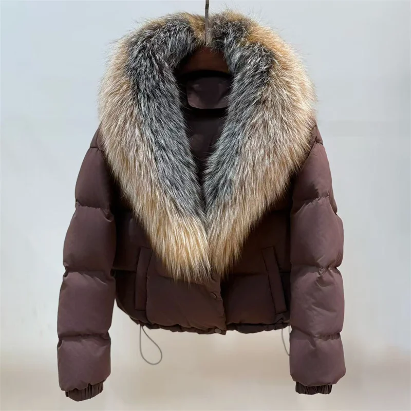 سترة شتوية نسائية 2025 سترة جديدة قابلة للفصل بياقة من فرو الثعلب 90 بطة بيضاء مملوءة معطف سميك دافئ y2k سترة منتفخة