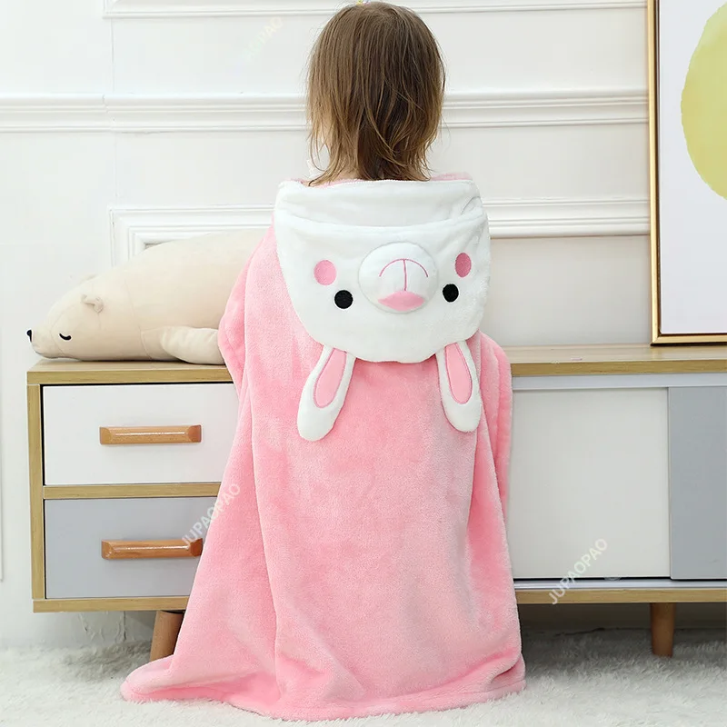 Pink Cartoon Animal Baby Bath Towel Newborn Girl Boy Wrap Blanket Absorbent Baby Bathrobe Hooded Coral Fleece Bath Towels 0-12 M