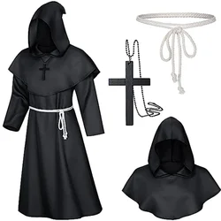 Feiticeiro de Halloween Cosplay Traje, Manto Medieval com Capuz, Vestes De Frei, Sacerdote, Roupa Antiga, Terno Cristão, Monge